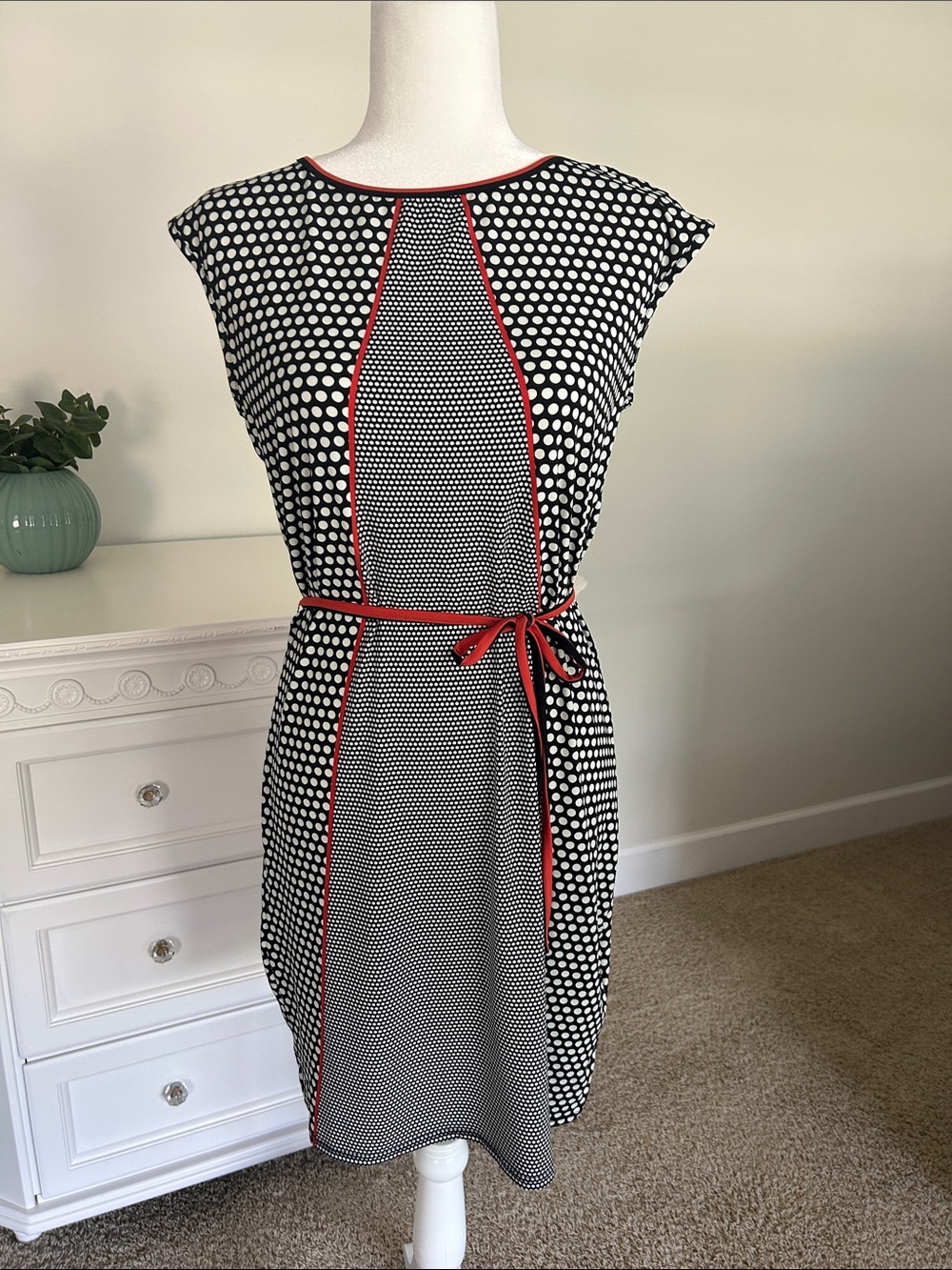 Max Studio Black and White Polka Dot Sheath Dress with Rust Trim